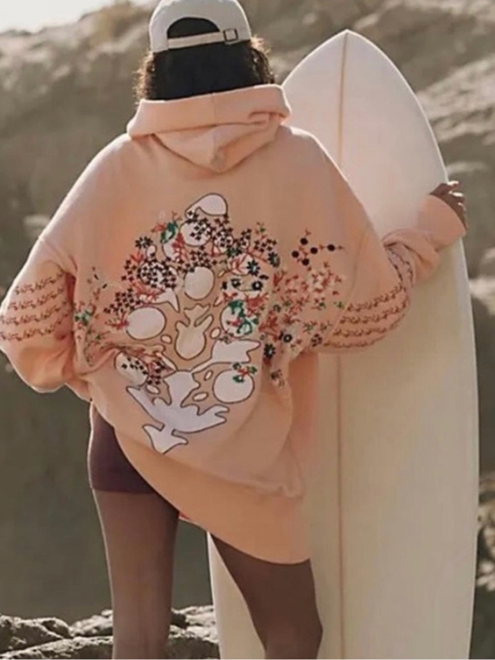 FP Movement by Free People Peach Embroidered Hooded Sweatshirt